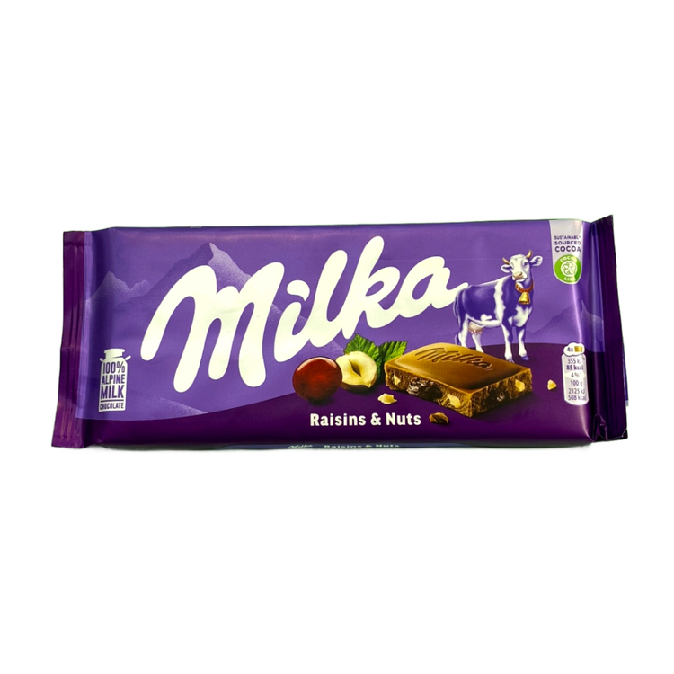 شکلات میلکا با مغز فندق و کشمش
